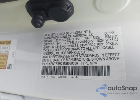 2022 Honda Pilot 2Wd Special Edition z USA, uszkodzony, nr VIN 5FNYF5H28NB030036